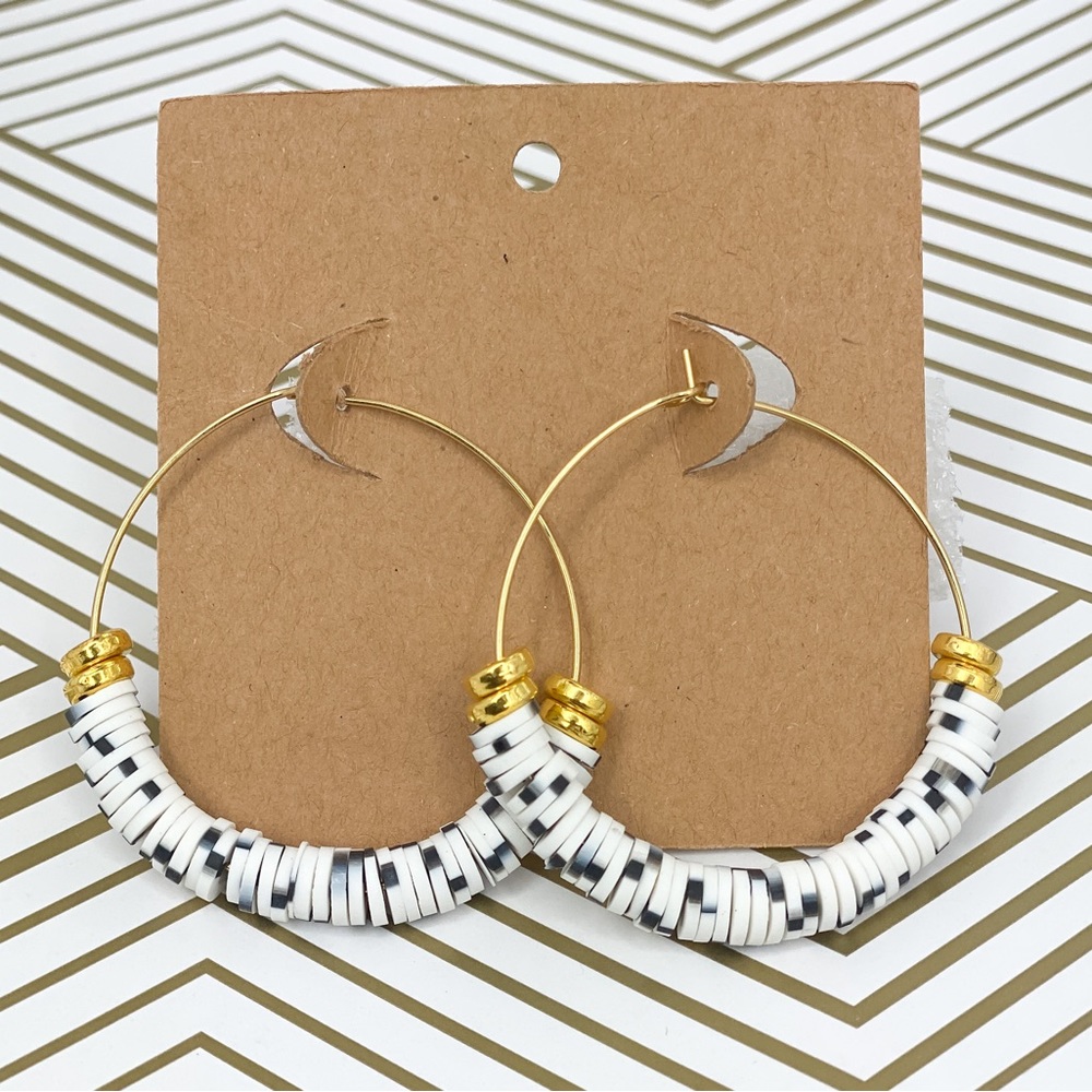 Gold clay beaded hoops black and white earrings
